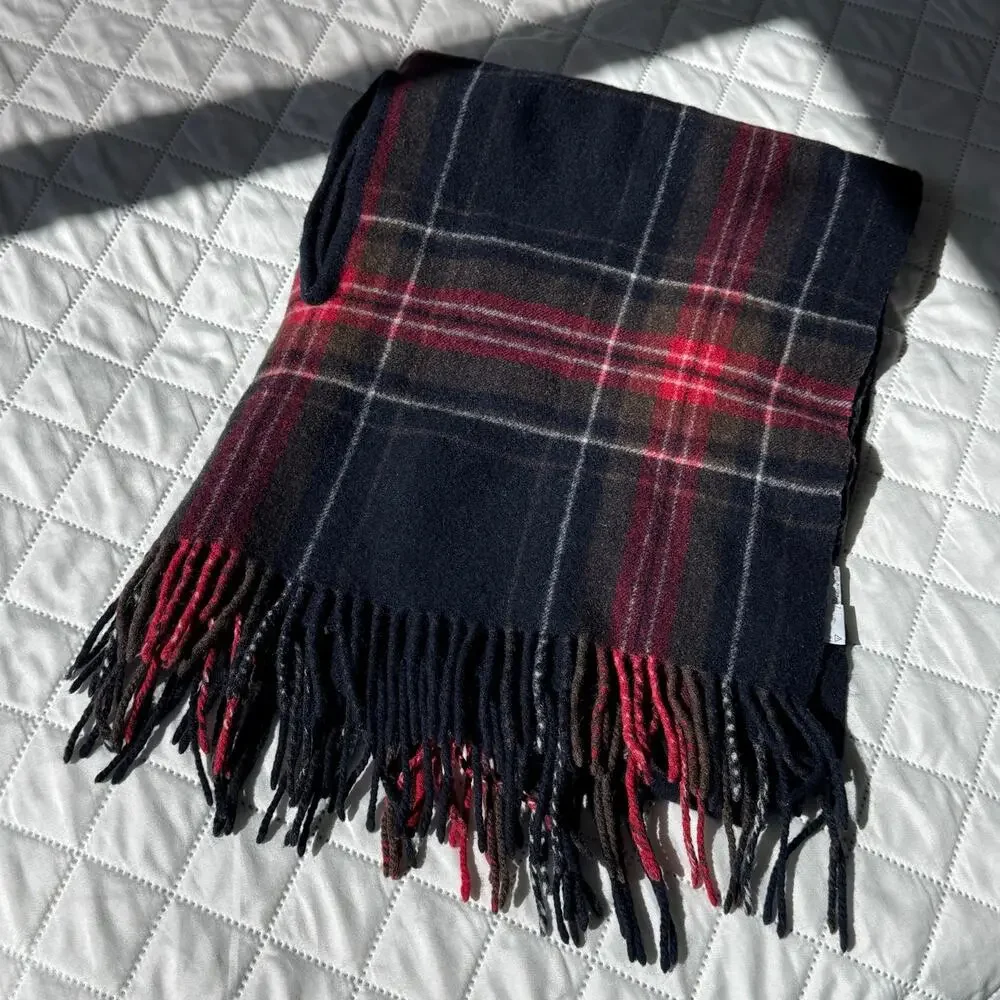 MUJI 100% Wool Plaid Poncho Cape Shawl Wrap Scarf Navy Red Tartan Fringe 75x210